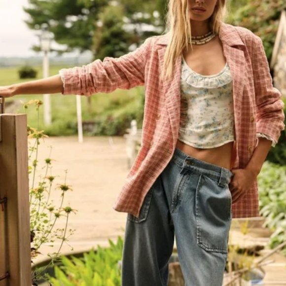 NWT Free People Olivia Gingham Blazer Pink Size Small - Picture 2 of 13